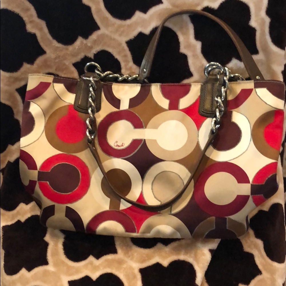 Coach leather and silk large C handbag
